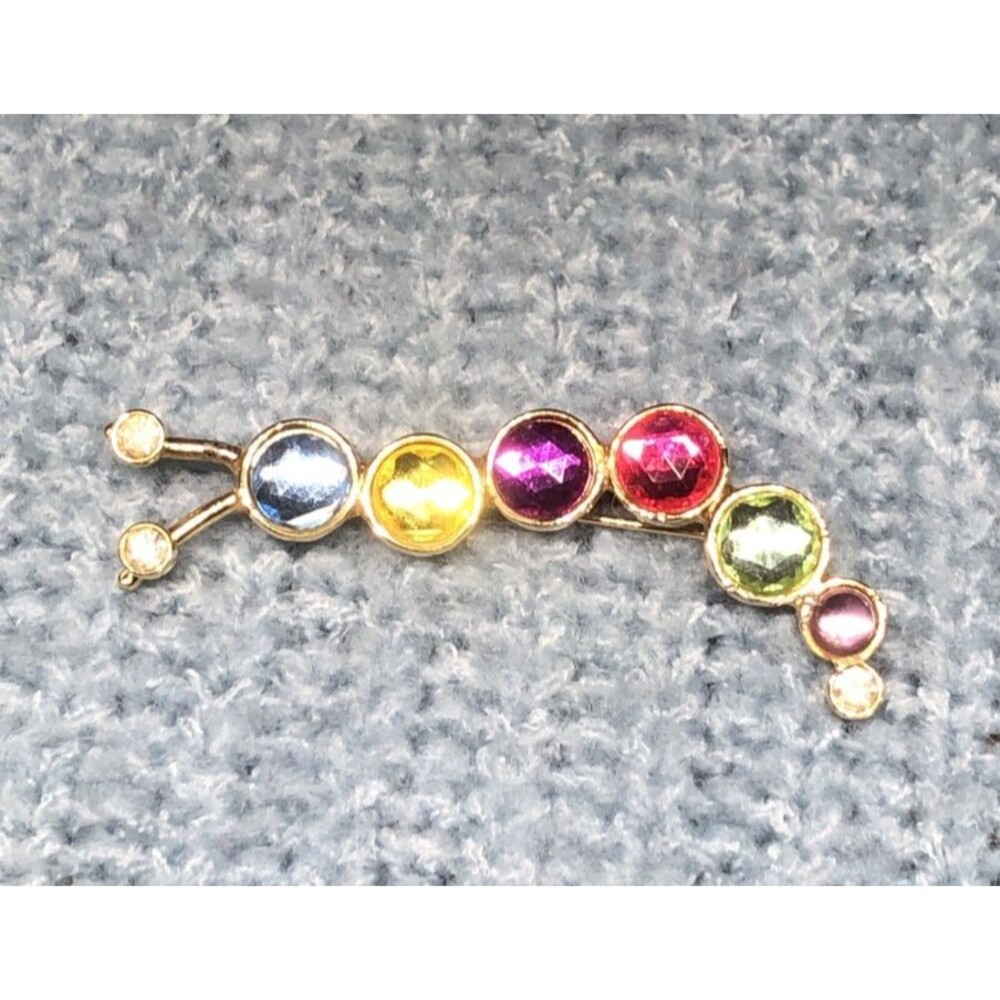 Gold Tone Caterpillar Brooch Multicolor Rhinestone Figural Insect Statement Pin